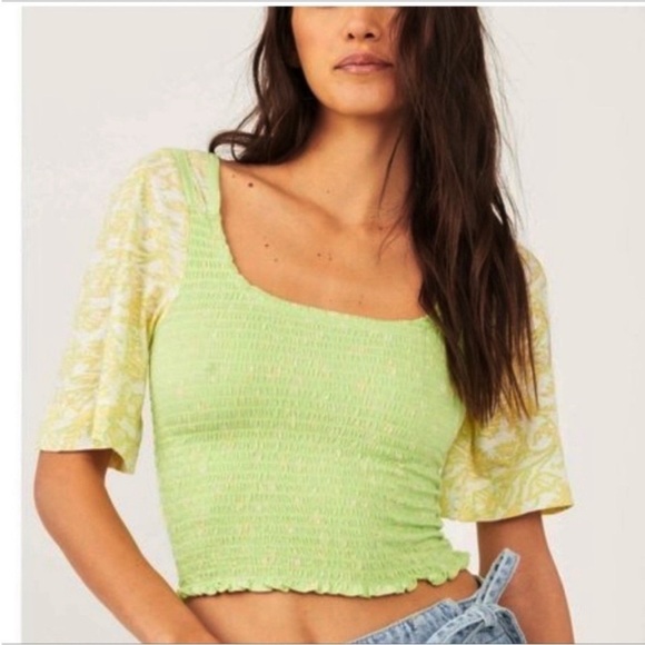 Free People Marigold Key Lime Mixed Media Smocked Retro Boho Top - Picture 1 of 11